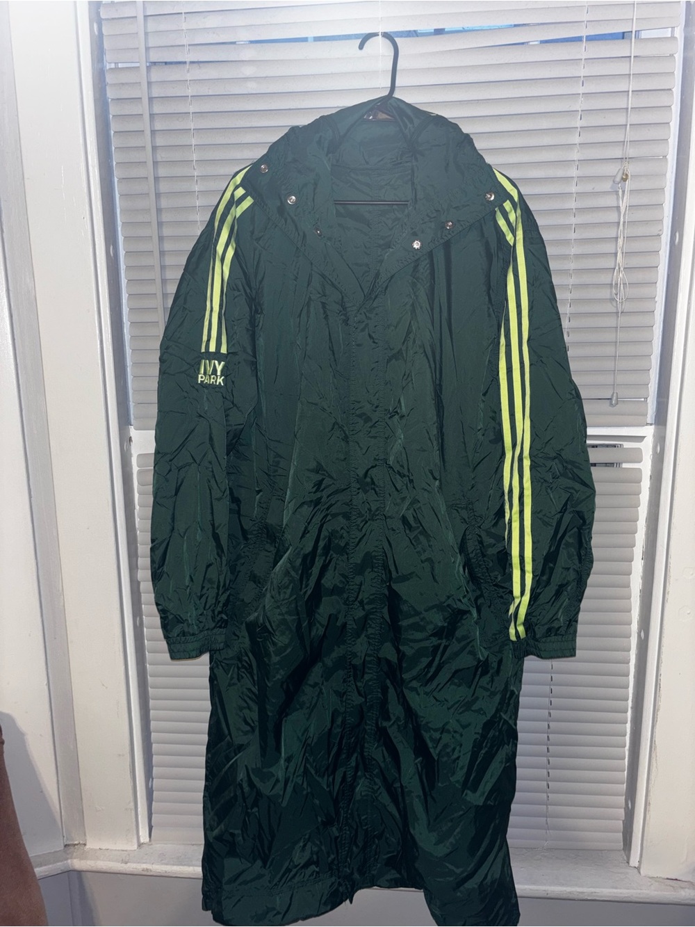 IVY PARK Forest Green Long Raincoat with Lime Stripes, Sz M - Picture 4 of 9